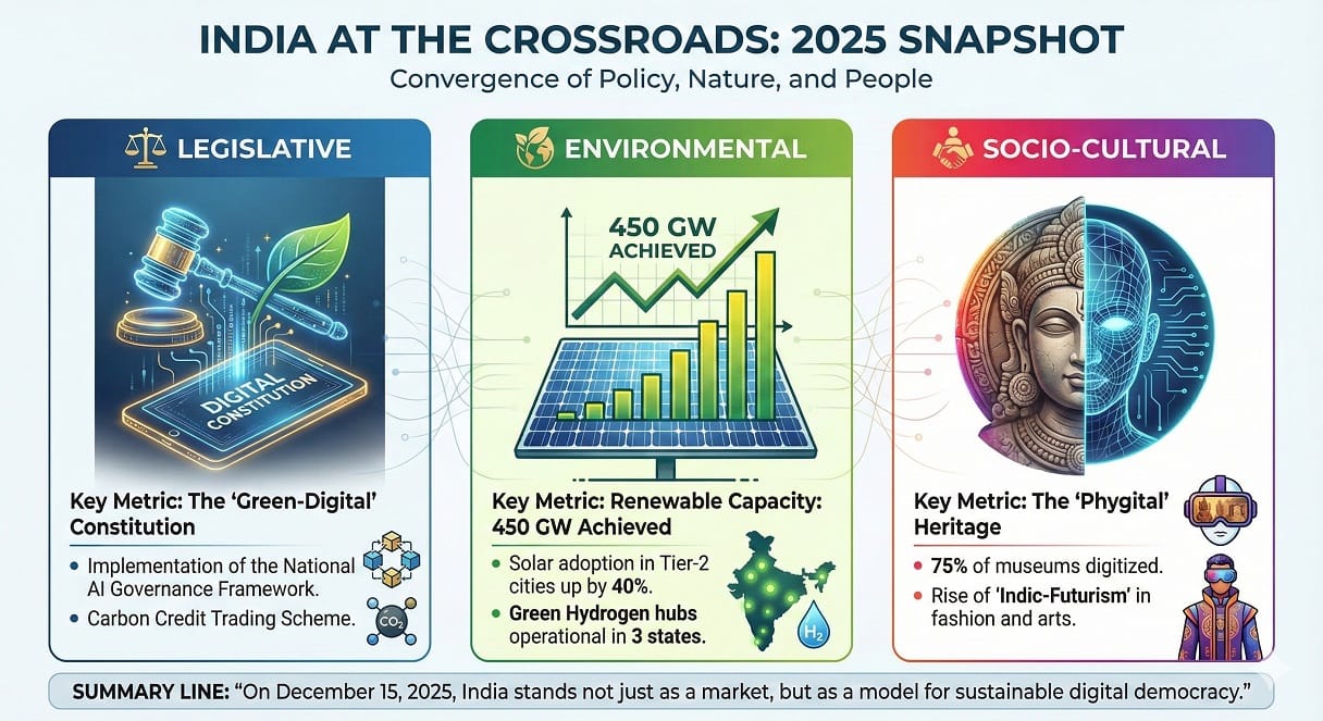Icon of a digital gavel merging with a leaf; data streams flowing into a constitution