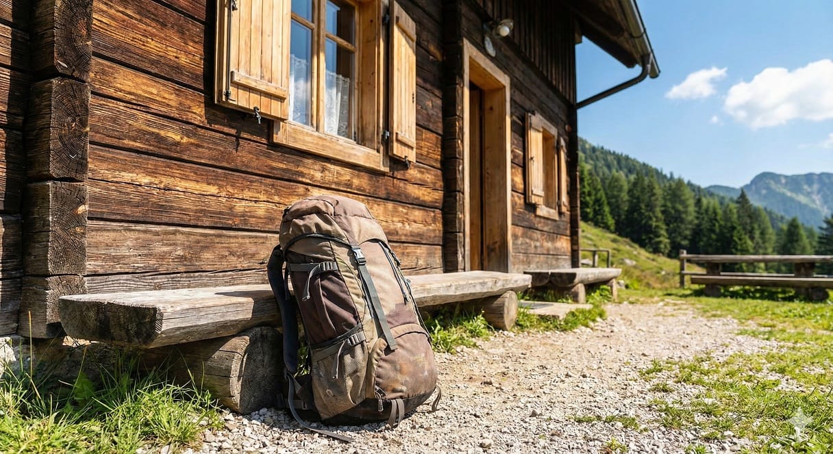 stay in one of Slovenias many mountain huts A typical mountain hut is shown here, with a hiker's backpack resting outside