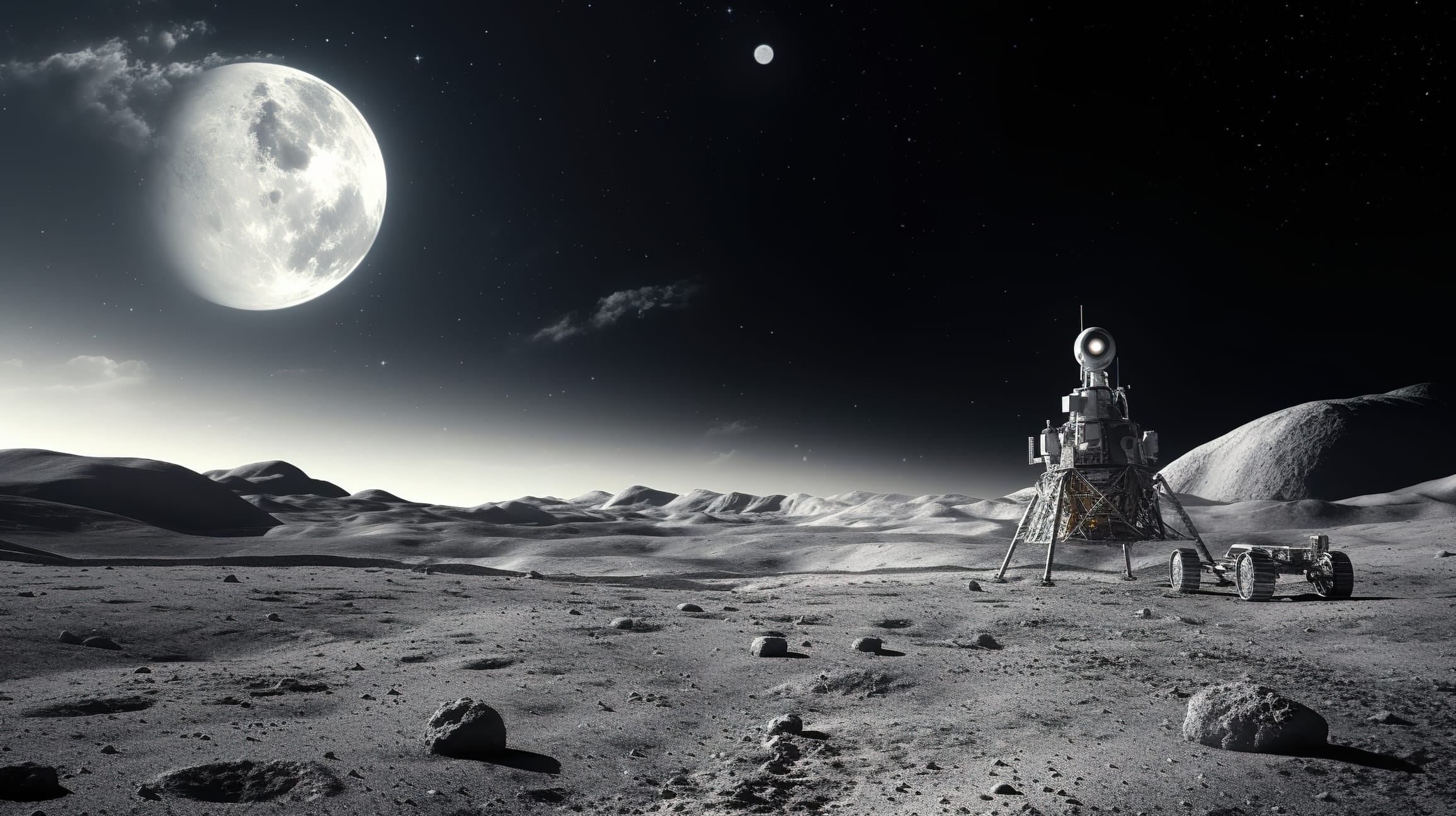 Lunar landscape with spacecraft and moon.