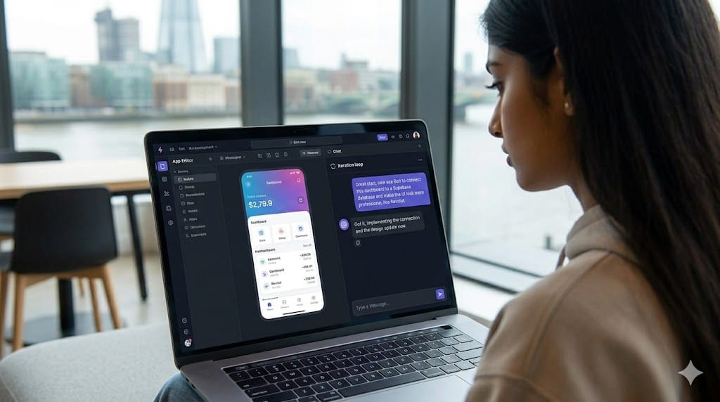 Over-the-shoulder view of a student using an AI chat interface to design a mobile app dashboard.