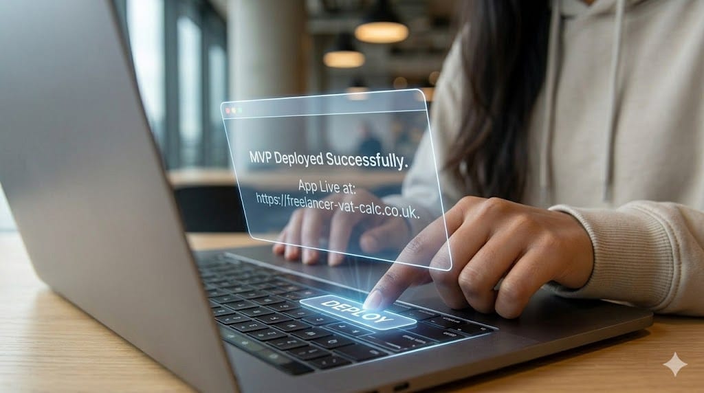 A student successfully deploying an AI-built app on a laptop with a "Deploy Successful" notification.