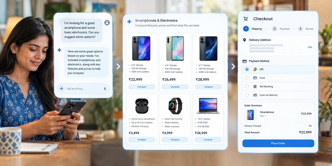 AI Shopping Journey From Chat to Checkout Illustration of an AI assistant helping an Indian shopper compare products and reach an online checkout.