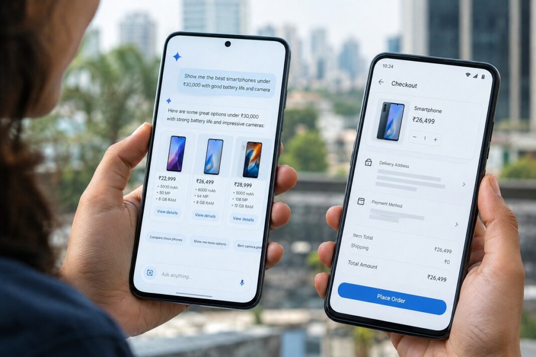 Smartphone showing an AI shopping interface and online checkout concept in India.